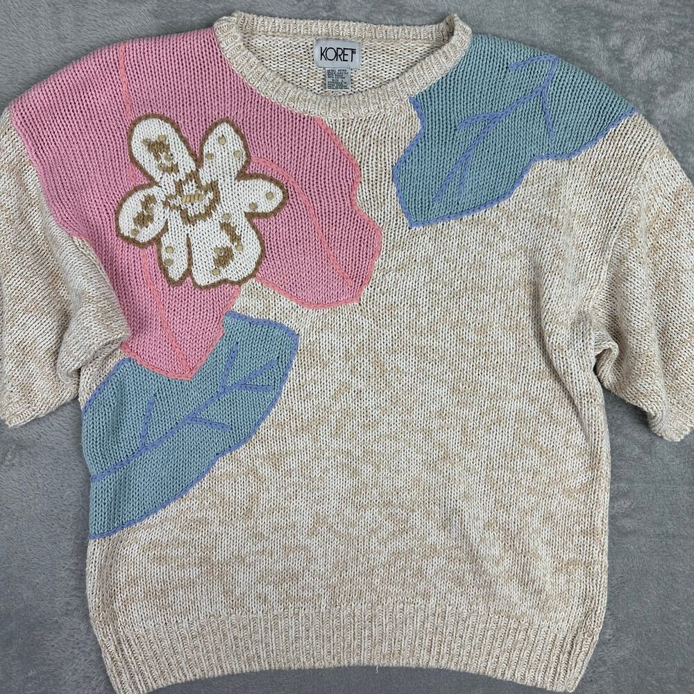 VTG Koret Cream Knit Short Sleeve Sweater Beaded Floral Cottage Granny 90s - L